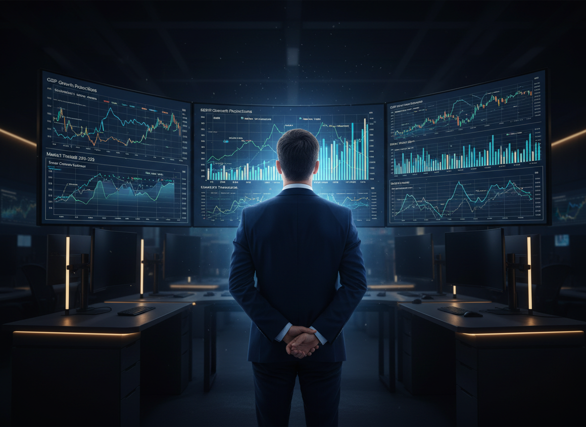 Pessoa observando painéis com informações de mercado em um ambiente azul-marinho
