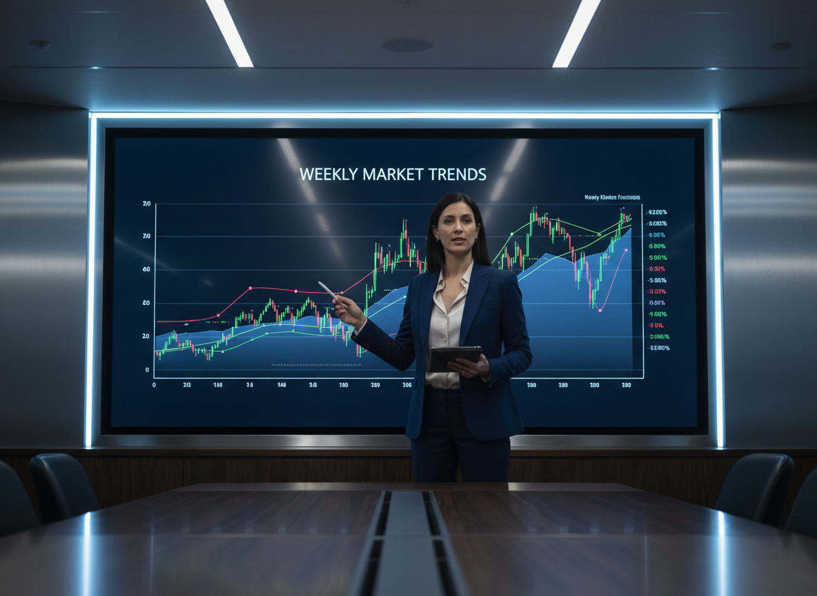 Apresentação de informações de mercado diante de um painel de gráficos